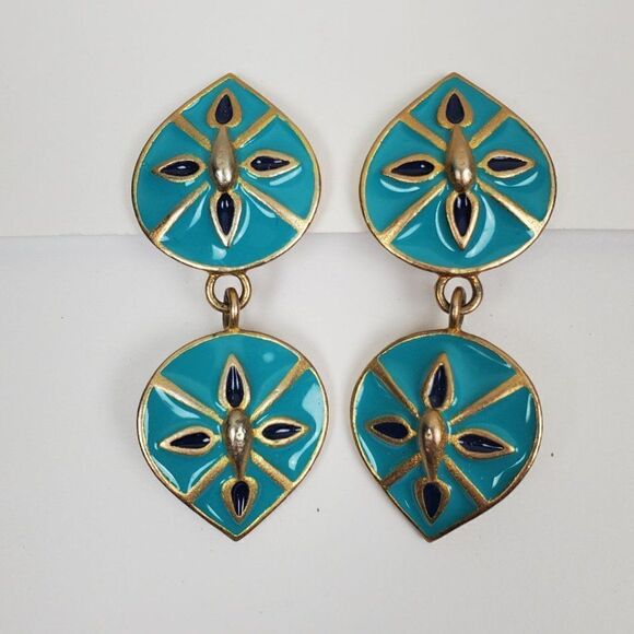 Vintage 2 Tone Blue Gold Enamel Nautical Tear Drop Sand Dollar Clip On Earrings - Picture 1 of 6